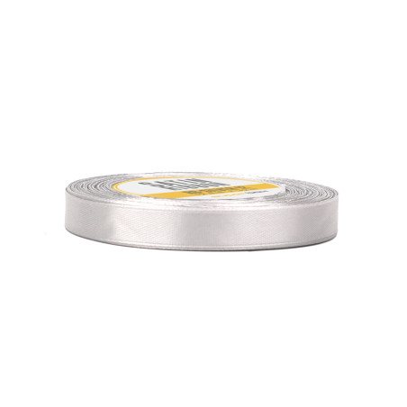 Sudraba satīna lente – spīdīga, 12 mm plata, 32 m ruļļos