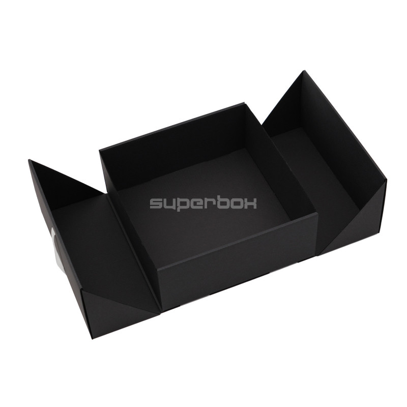 Square Double Door Black Box with Integrated Gold Ribbon