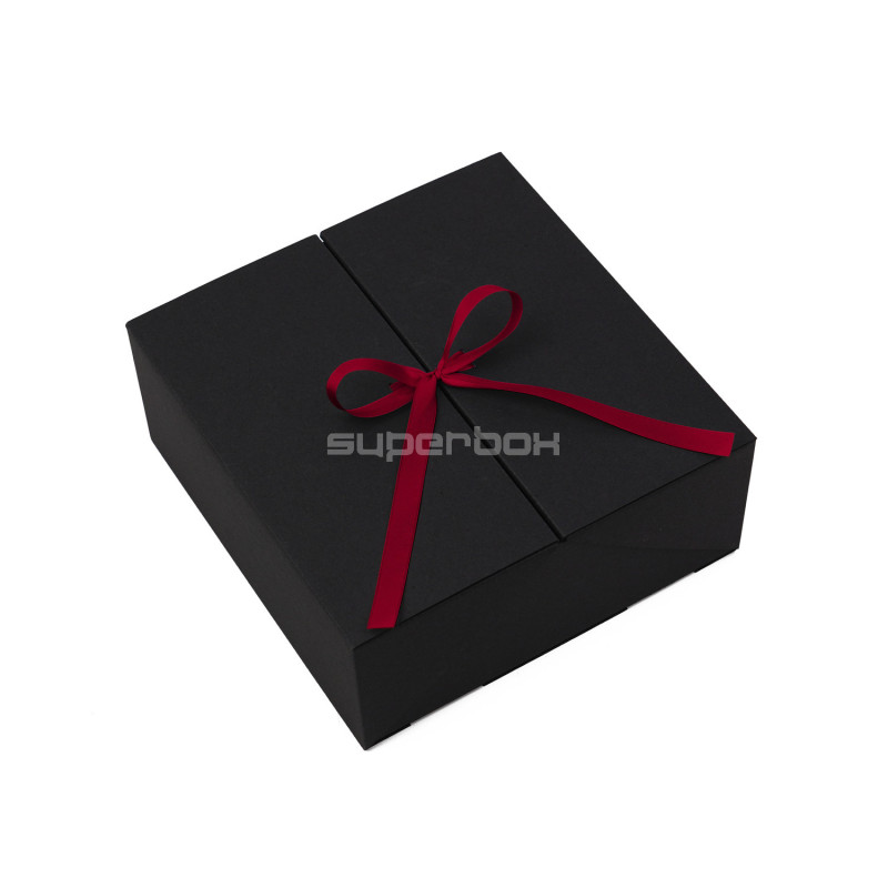 Square Black Double Door Gift Box with Integrated Satin Ribbon
