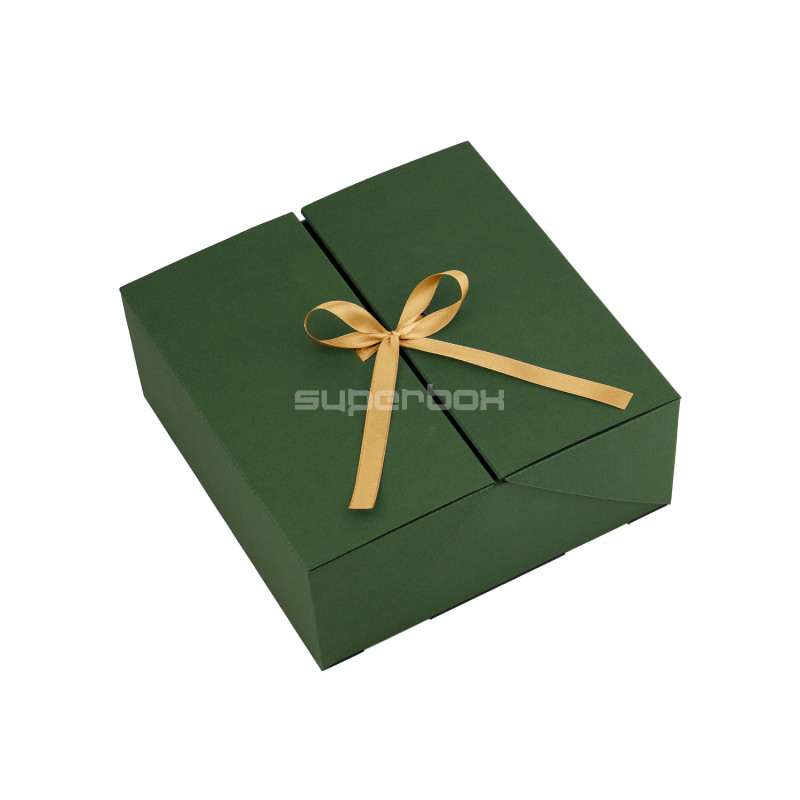 Square Double Door Green Gift Box with Integrated Satin Ribbon
