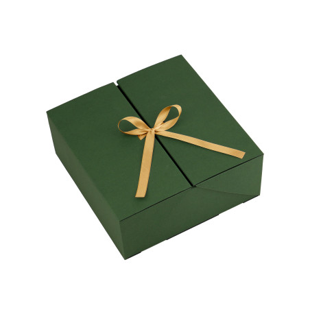 Square green double door box with gold ribbon, 220x220x90 mm