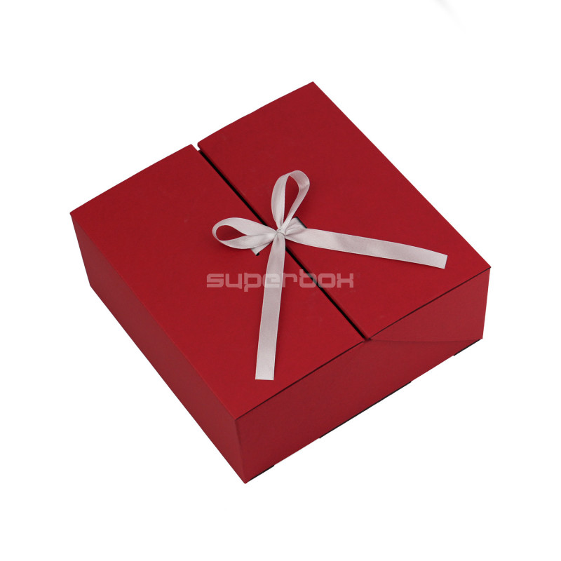 Square Double Door Red Gift Box with Integrated Satin Ribbon