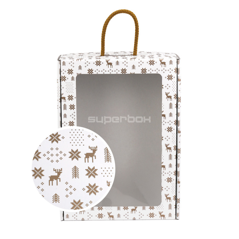 White suitcase style gift box with winter patterns and window, 240x350x90 mm White suitcase style gift box with winter patterns and window, 240x350x90 mm