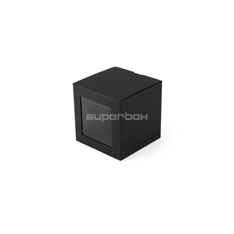 Black cube-shaped gift box with a clear PVC window, 120×120×120 mm