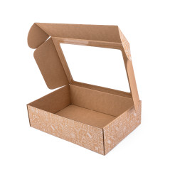 Brūna A4 izmēra dāvanu kaste ar ziemas ilustrācijām un logu