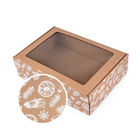 Коричневая коробка A4 с рождественскими мотивами и окном, 305x215x85 mm