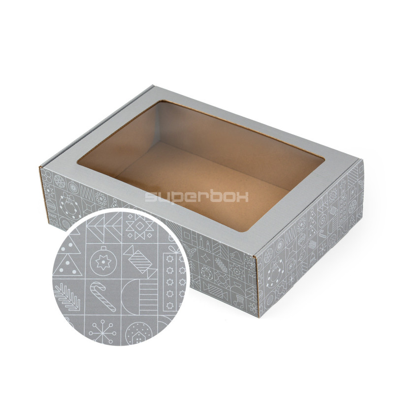Grey Christmas gift box with a clear PVC window and festive white pattern, 305×215×85 mm Grey Christmas gift box with a clear PVC window and festive white pattern, 305×215×85 mm