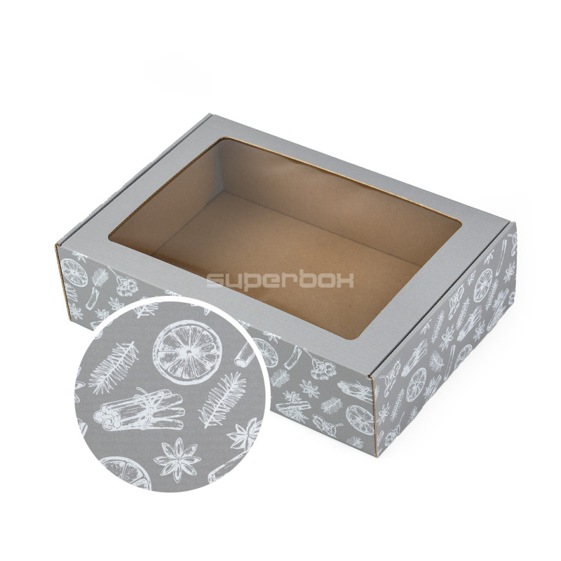 Grey A4 box with Christmas motifs and window, 305x215x85 mm