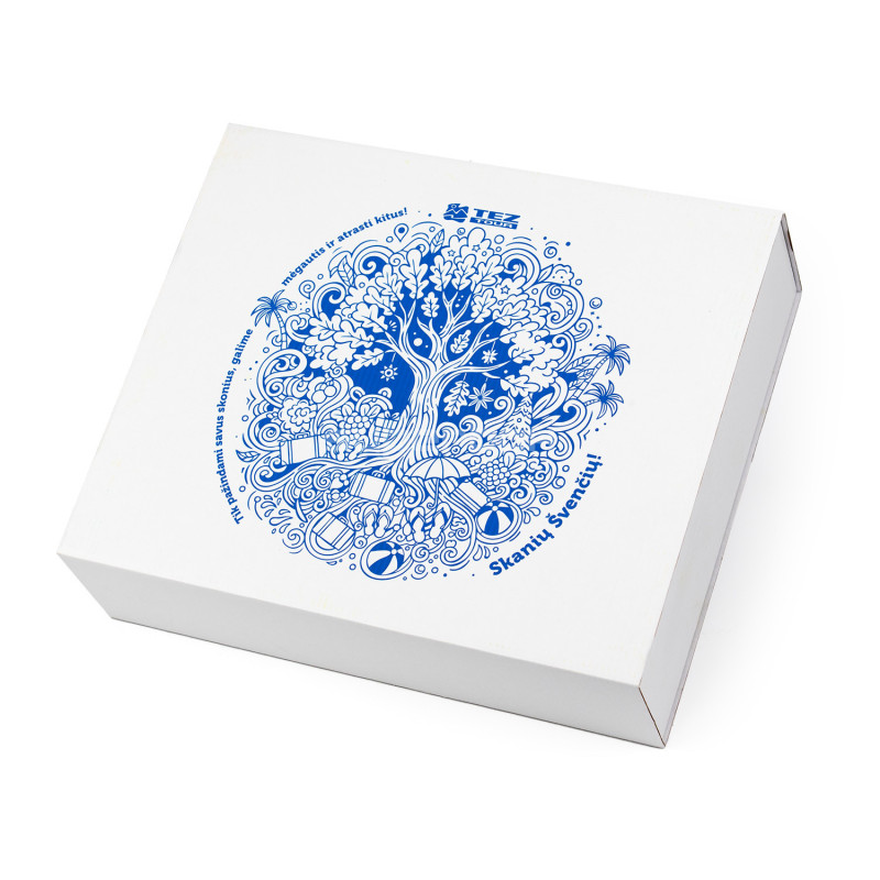 Balta dāvanu kaste ar lielām piedurknēm no gofrētās plātnes