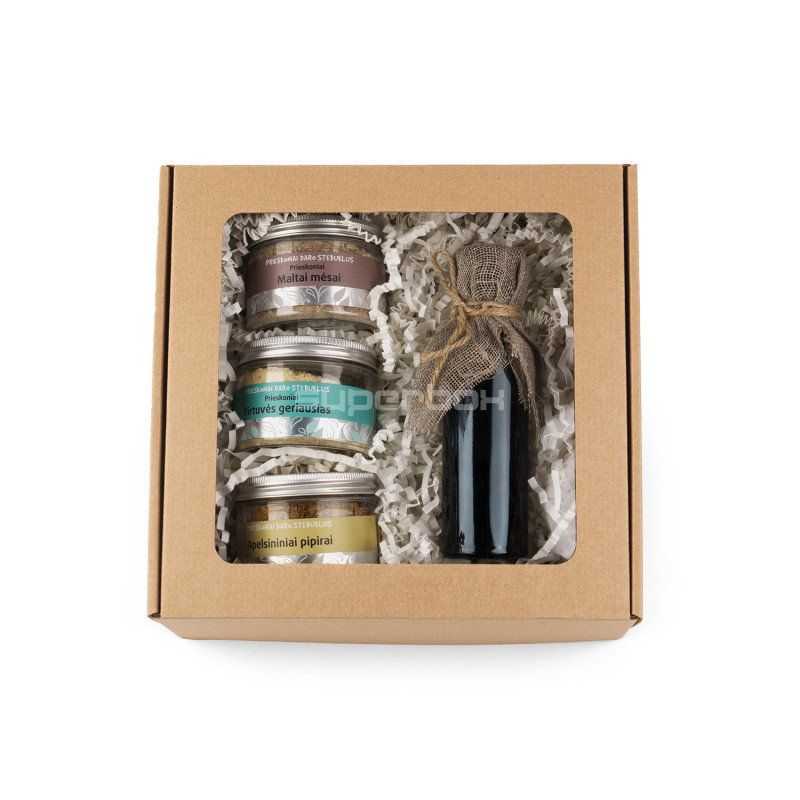 Большая квадратная подарочная коробка коричневого цвета с прозрачным окошком