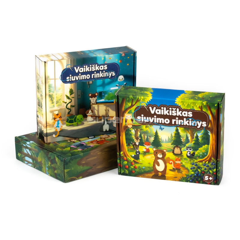 Kids' sewing kit packaging with animal, forest, and jungle illustrations Kids' sewing kit packaging with animal, forest, and jungle illustrations