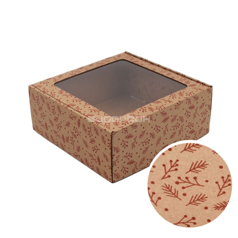 Brown Large Square Gift Box with Clear Window RED BERRIES