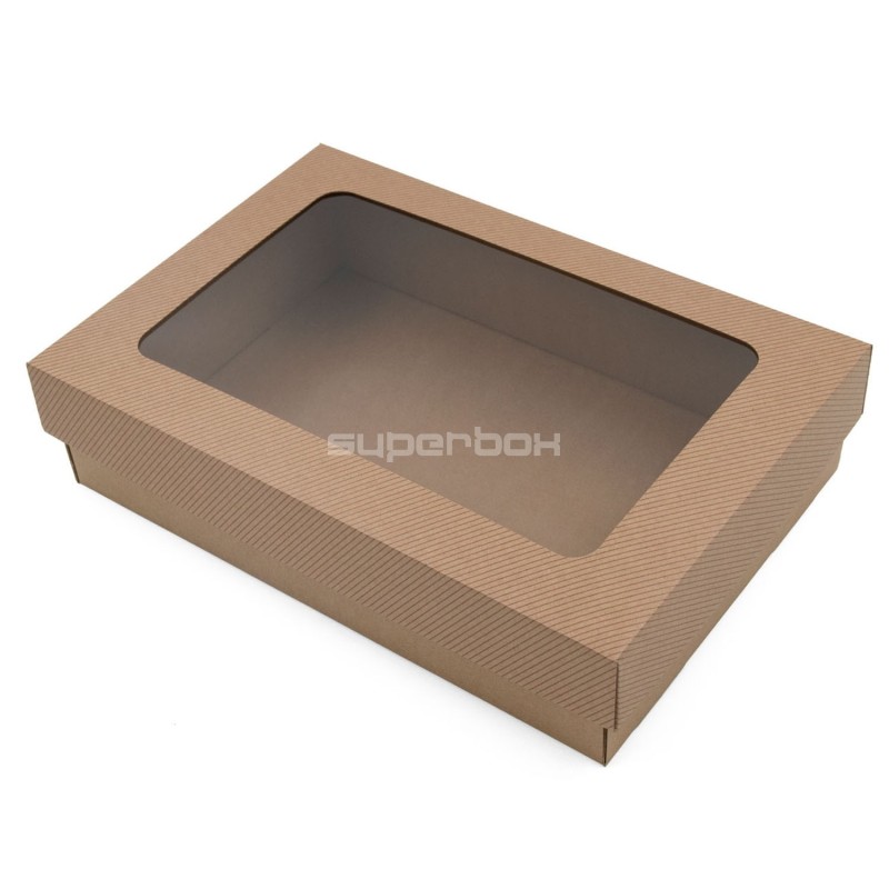 Brown Base-Lid Gift Box with Stripes and Window of 8,5 cm Height