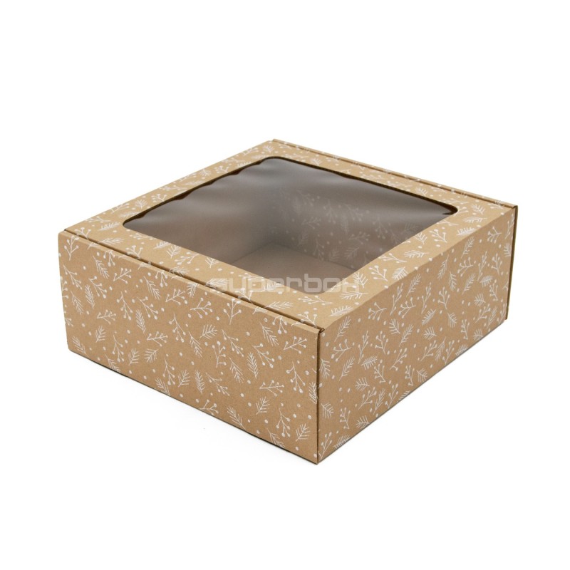 Brown Large Square Gift Box with Clear Window WHITE BERRIES