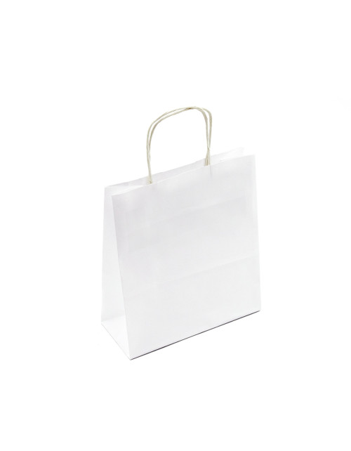 Balts mazs papīra maisiņš ar vērptiem papīra rokturiem