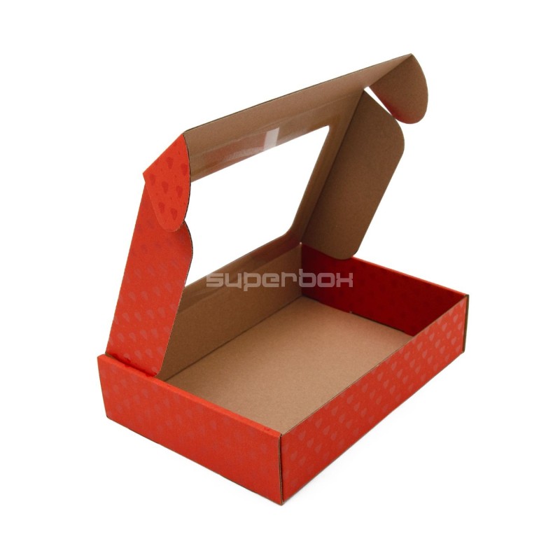 Red Gift Box With Window and Heart Pattern, 5 cm High