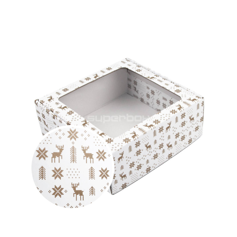 White Large Square Gift Box with Clear Window and Christmas Design